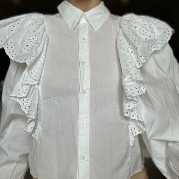 Zara Tops - Zara white shirt with embroidery details and puff sleeves